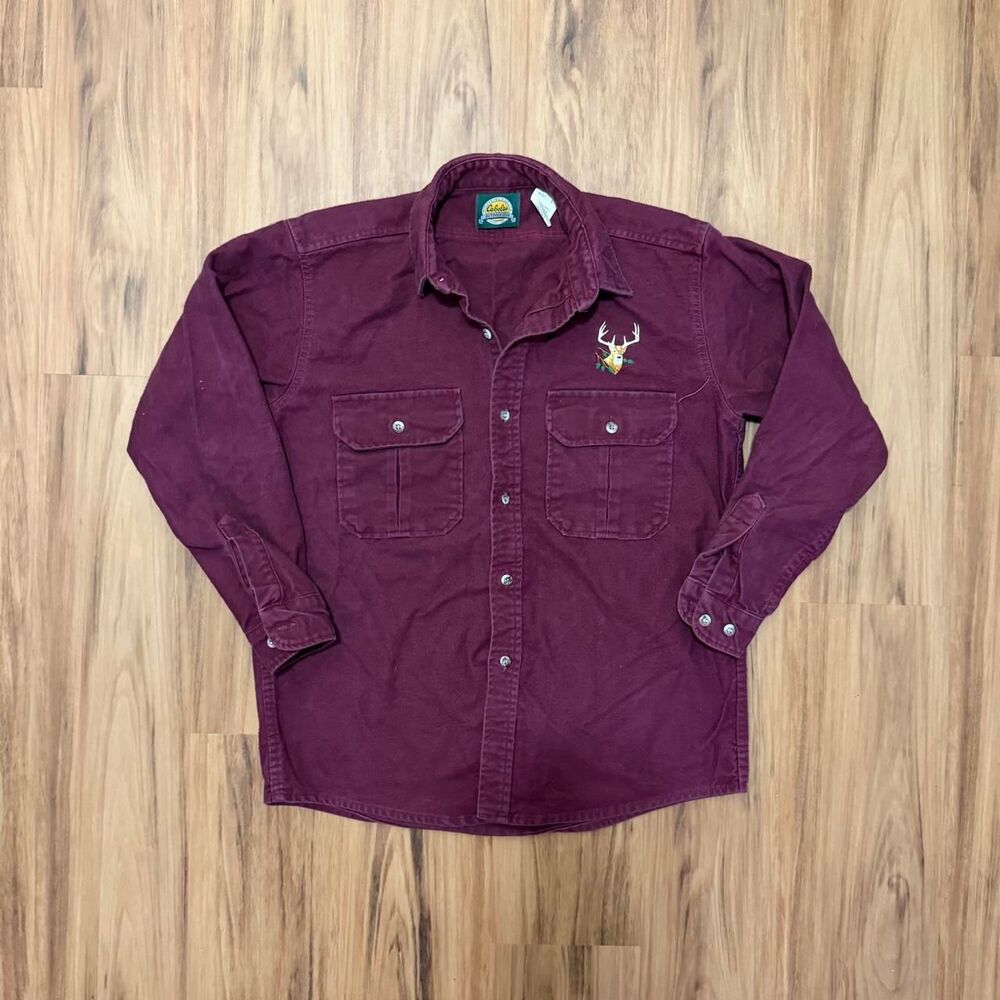 Vintage Cabelas Chamois Cloth Cotton Maroon Button Up Deer Mens Size Large
